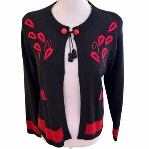 Alpaca Style Black with Red Embroidery Open Front Cardigan with Tassels M NEW?